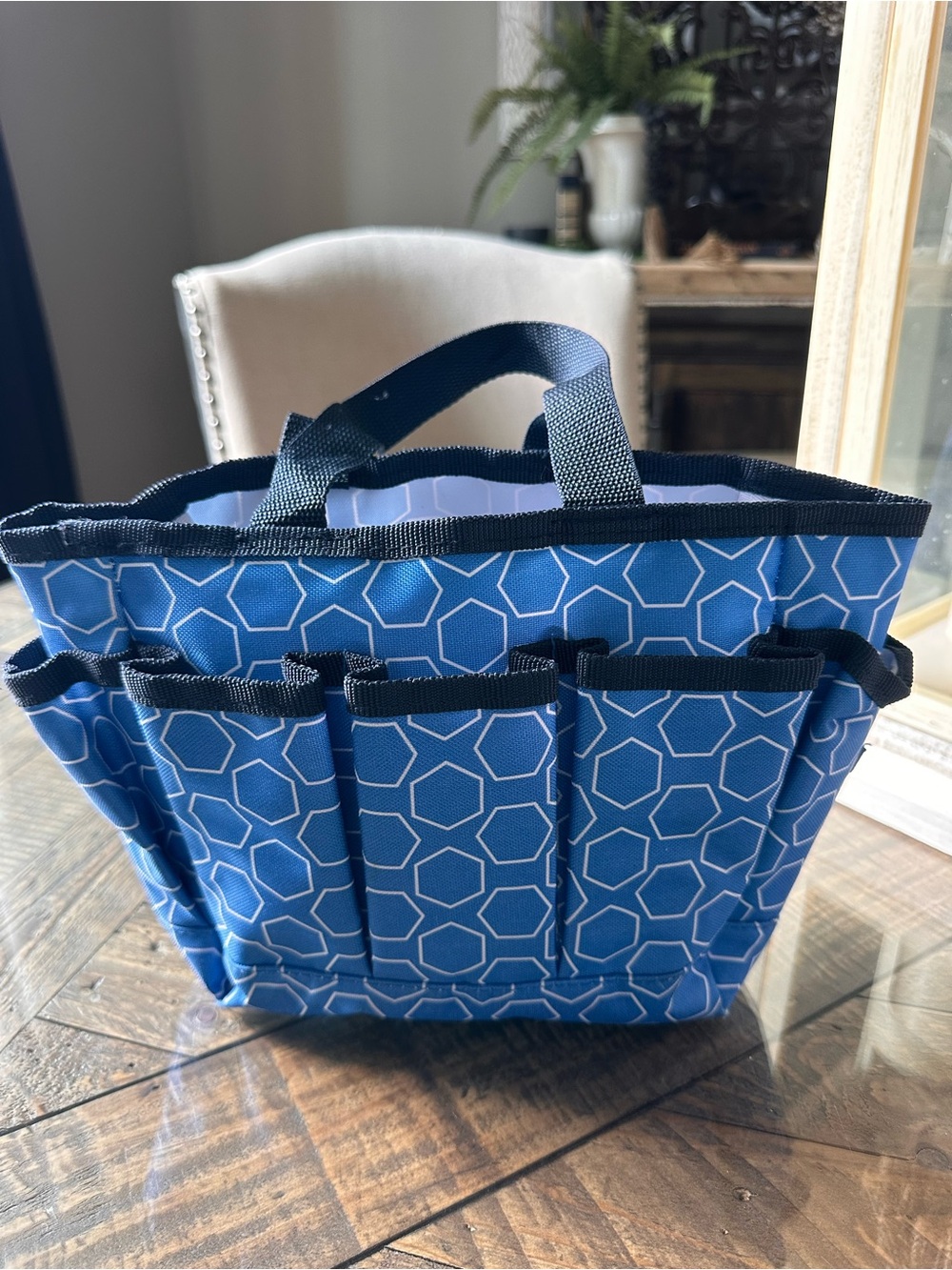 Thirty-One Mini Organizer Pockets Blue White Tote Dotty Hexagon Print EUC